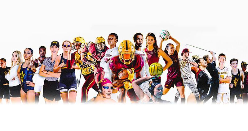 A montage of 21 Arizona State University student-athletes, edited together standing in a line over a white background. Some are in action and some stand posing for a picture.