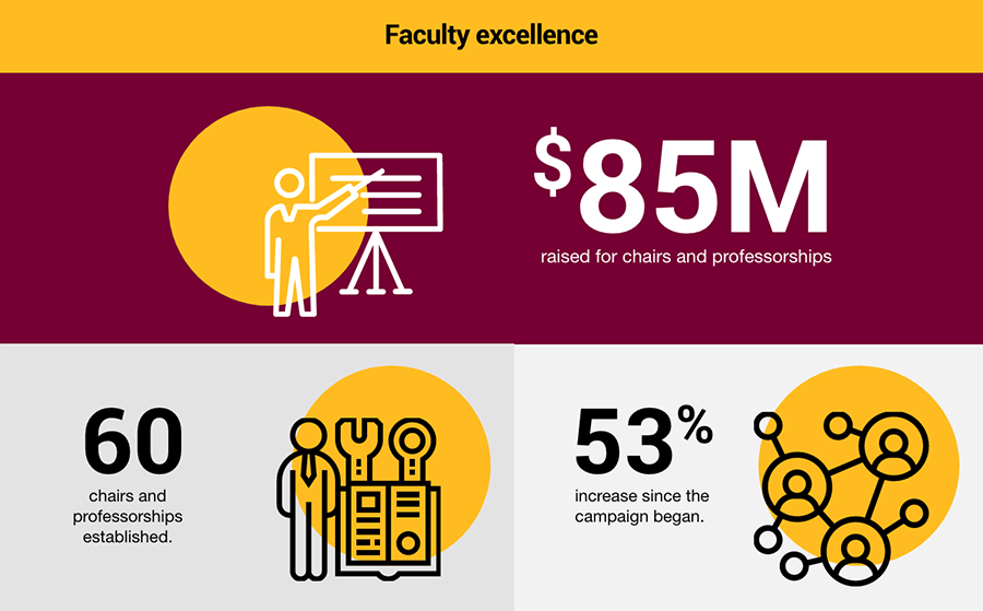 Faculty excellence. $85M raised for chairs and professorships. 60 chairs and professorships established. 53% increase since the campaign began.