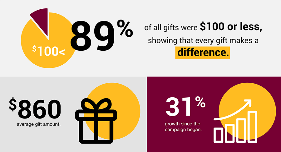 88% of all gifts were $100 or less showing that every gift makes a difference. $860 average gift amount. 31% growth since the campaign began.